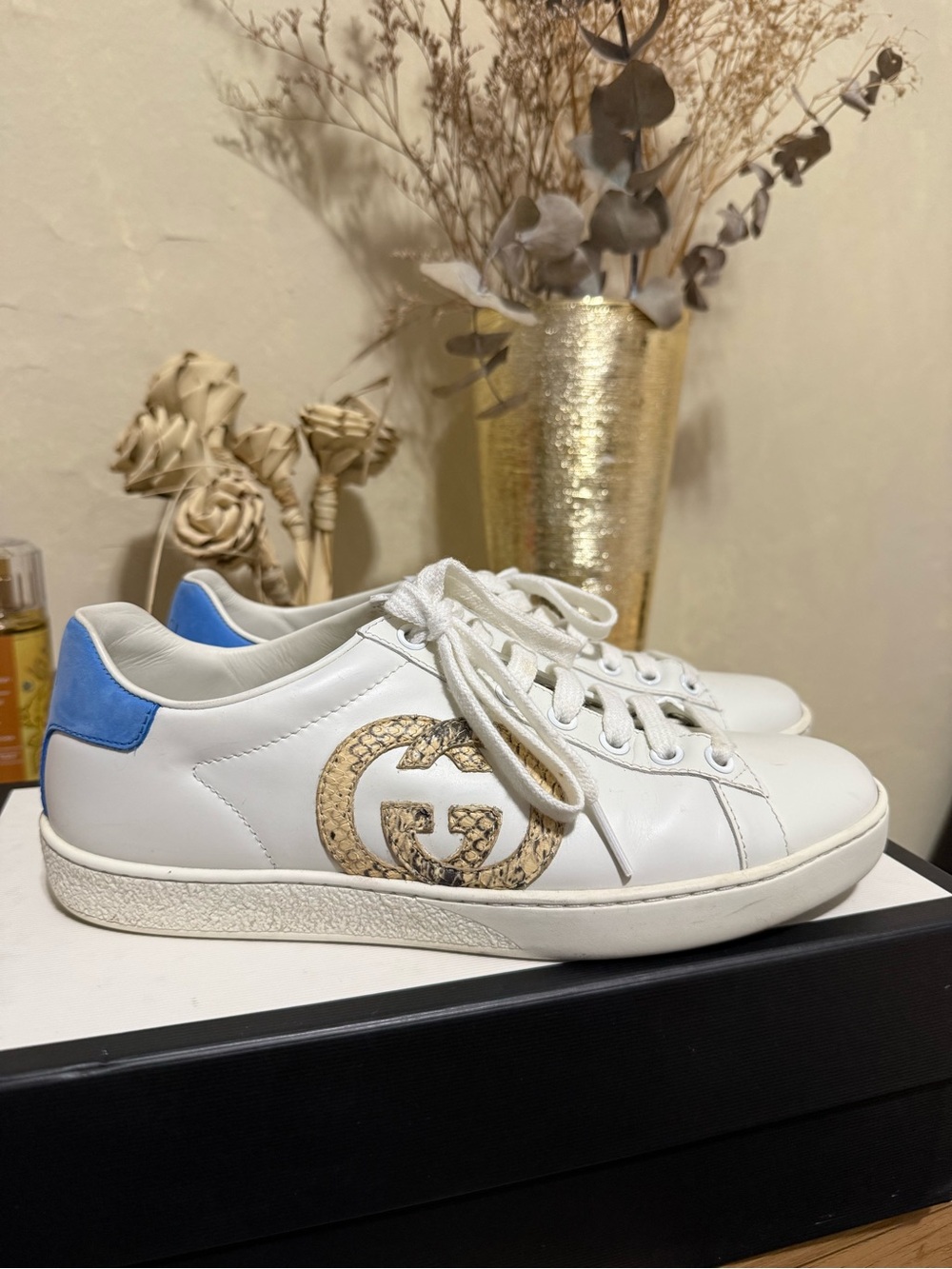 GUCCI ACE SNEAKERS WITH INTERLOCKING SNAKESKIN G DETAIL SZ 36.5